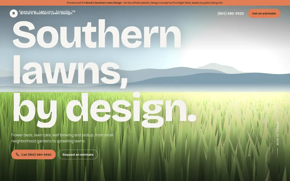 Desktop view of a lawn-care website preview with the headline “Southern lawns, by design.”