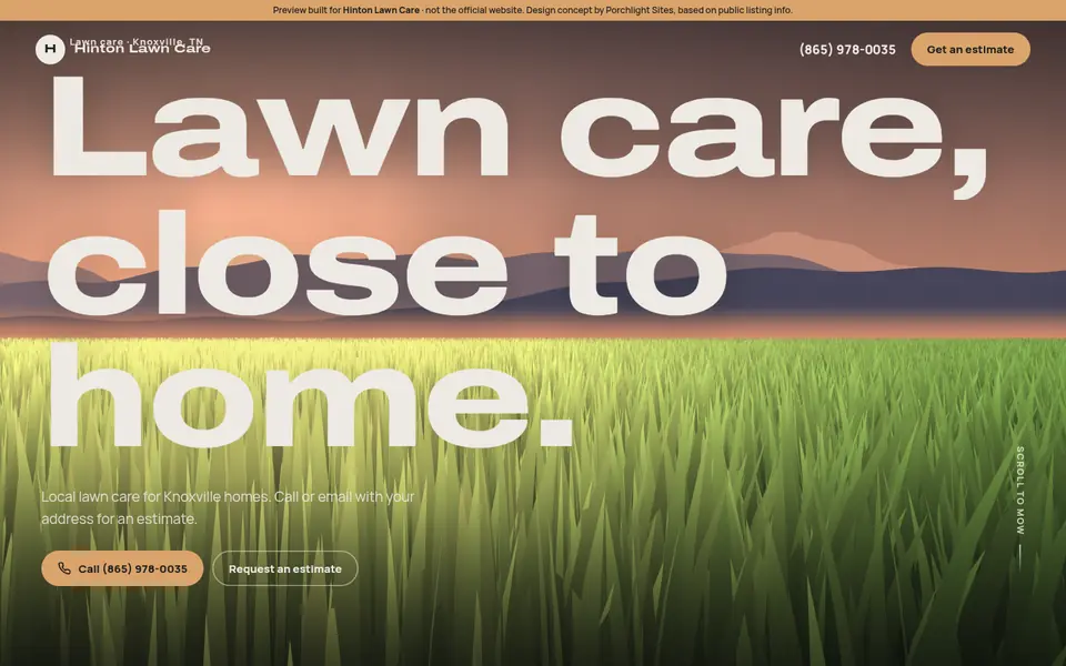Desktop view of a lawn-care website preview with the headline “Lawn care, close to home.”