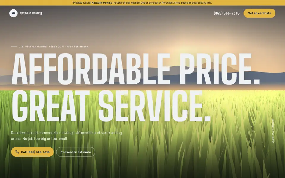 Desktop view of a lawn-care website preview with the headline “Affordable price. Great service.”