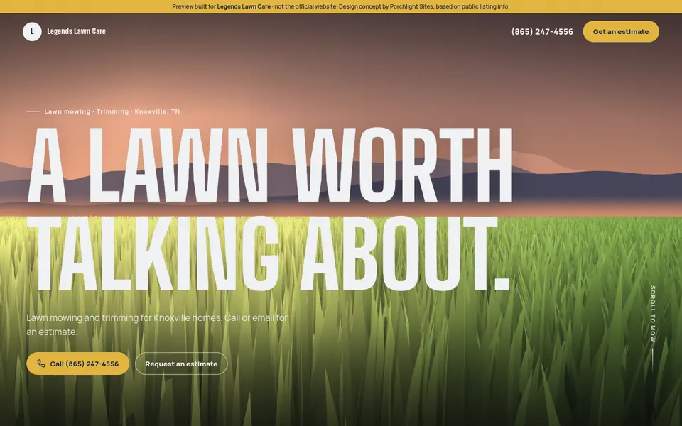 Desktop view of a lawn-care website preview with the headline “A lawn worth talking about.”